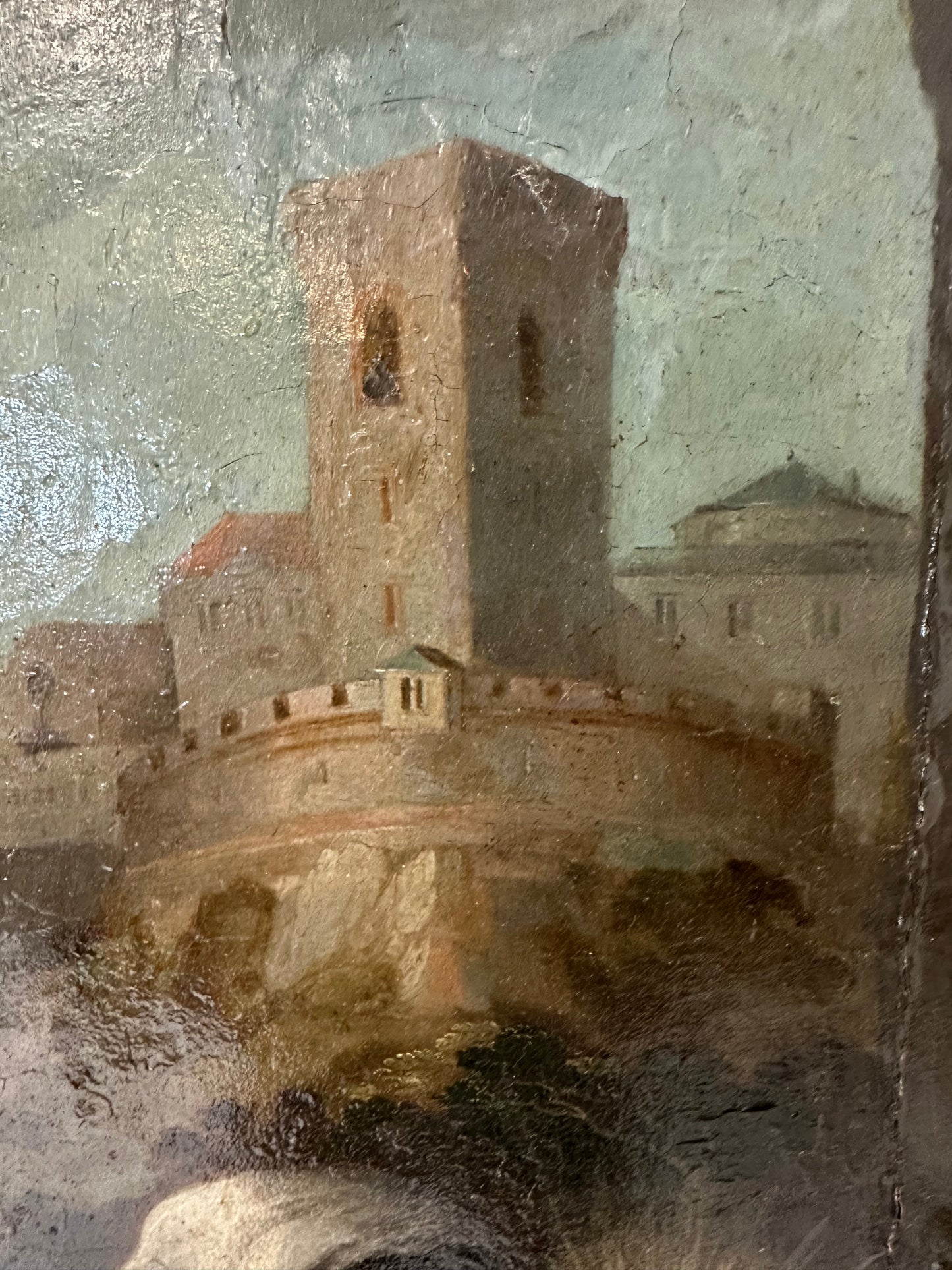 Olio su tavola . Sacra famiglia con sant’Anna e paesaggio urbano   Epoca 500