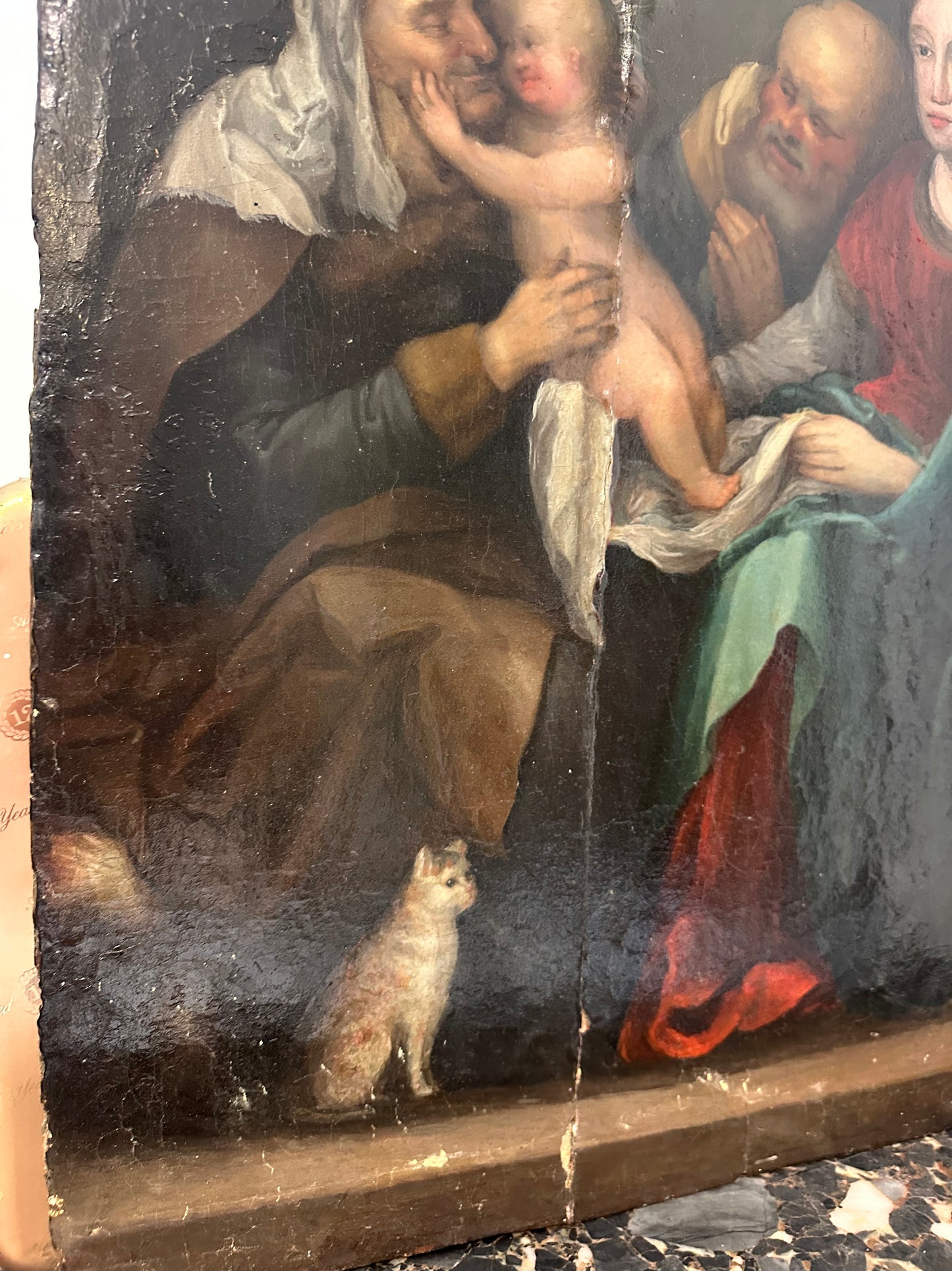 Olio su tavola . Sacra famiglia con sant’Anna e paesaggio urbano   Epoca 500