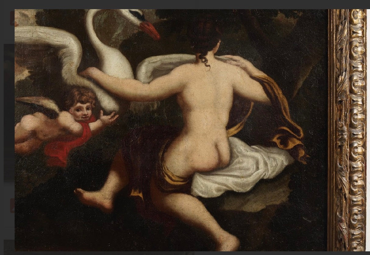 Olio su tela . Leda e il cigno pittore lombardo del XVII secolo epoca 600