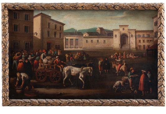 Olio su tavola . Paesaggio urbano XVII secolo