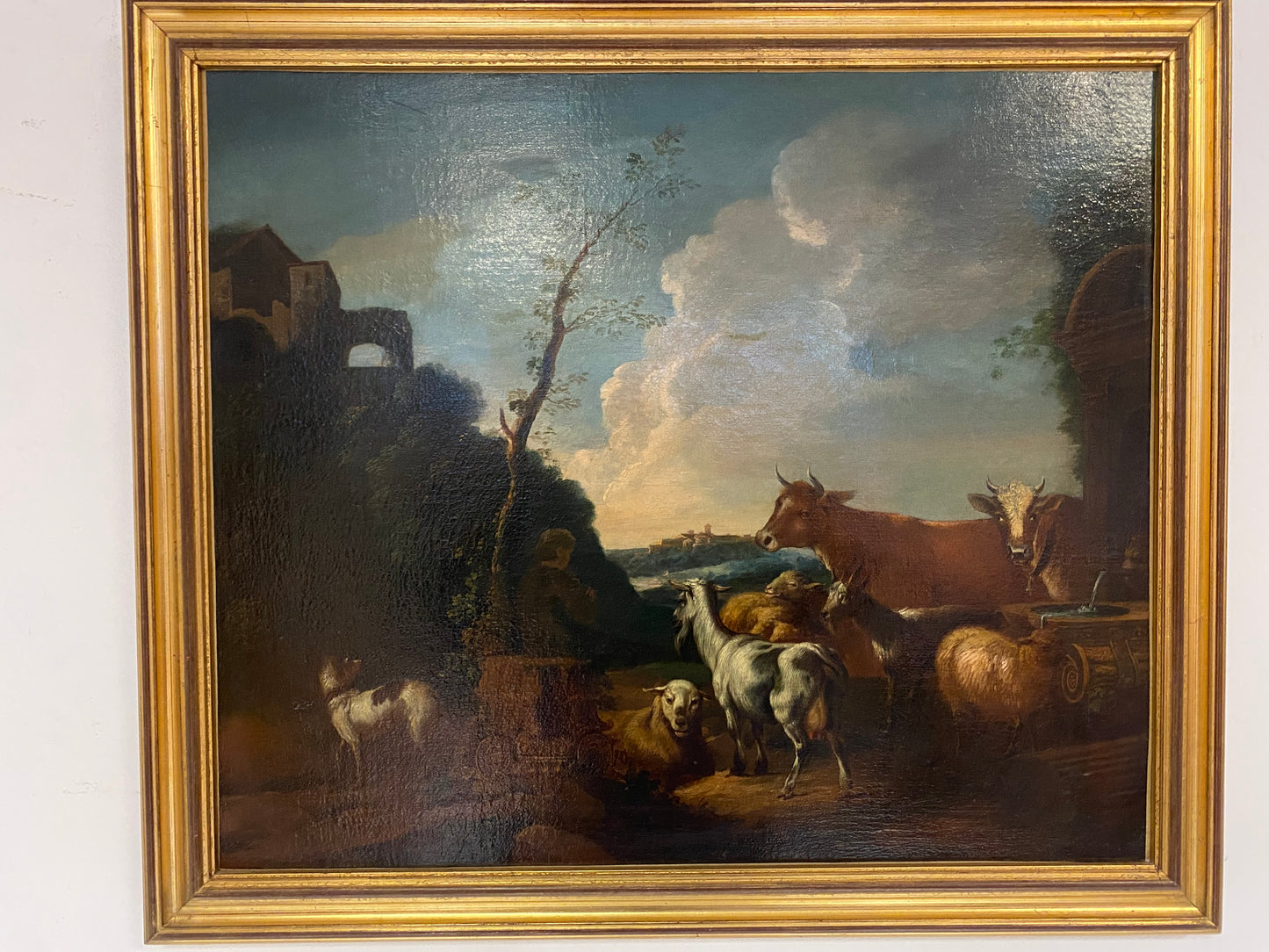 Olio su tela. Paesaggio con armenti fine XVII secolo