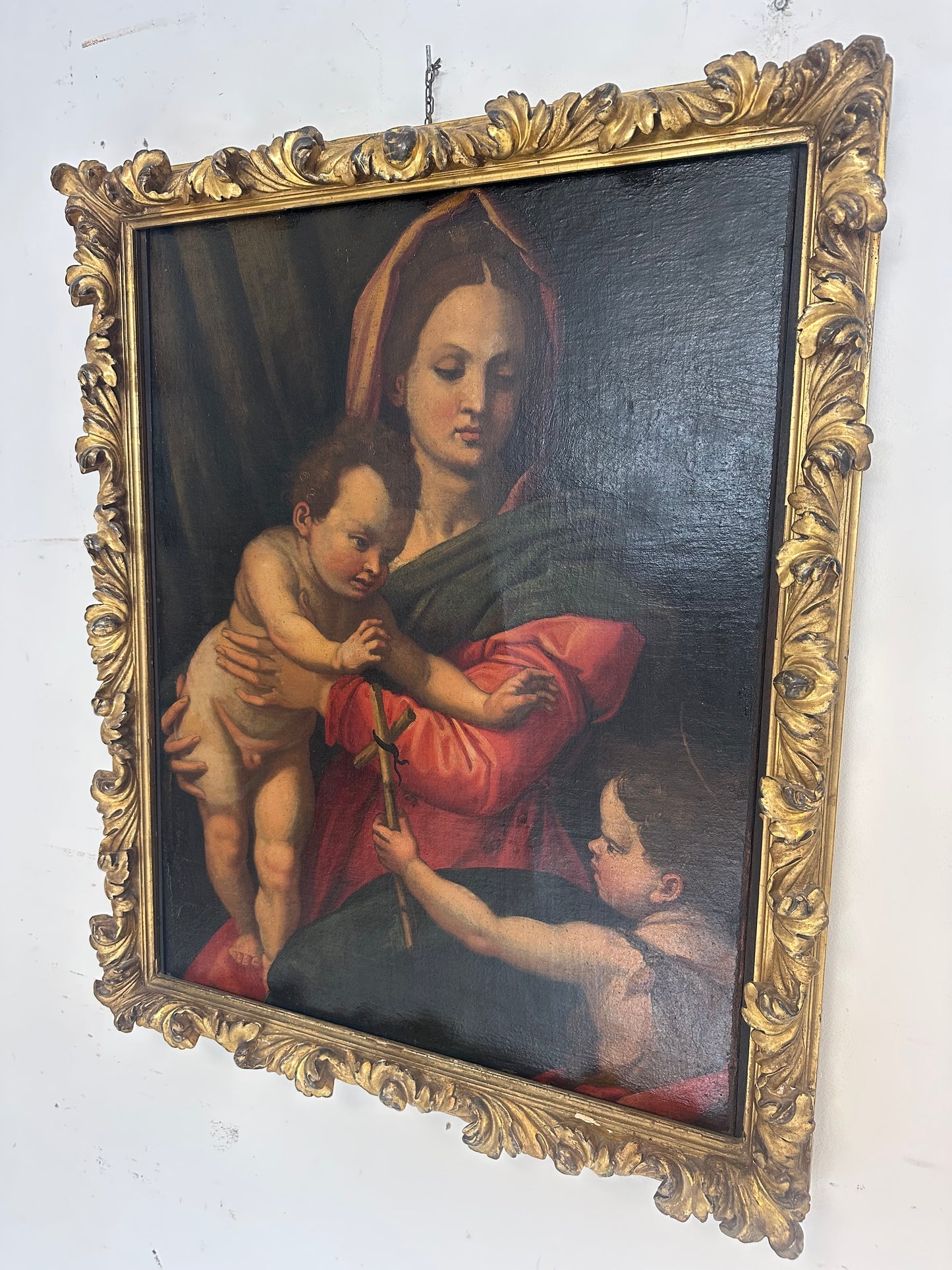 Olio su tela Madonna con il bimbo e San Giovannino . Andrea del Sarto copia da .  XVI secolo