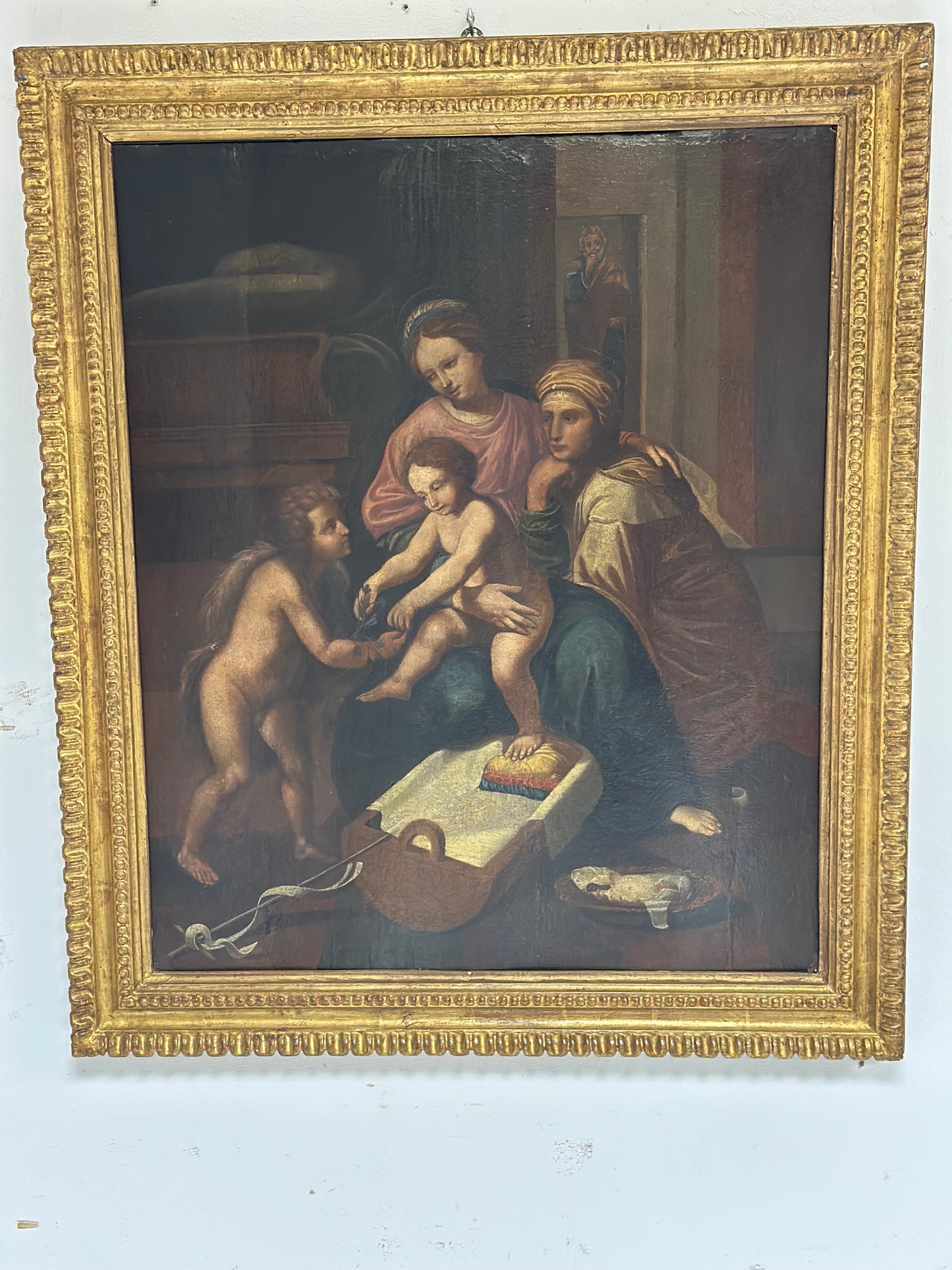 Olio su tavola. Sacra famiglia con Sant’Anna e San Giovannino . XVI secolo.   76 x 63