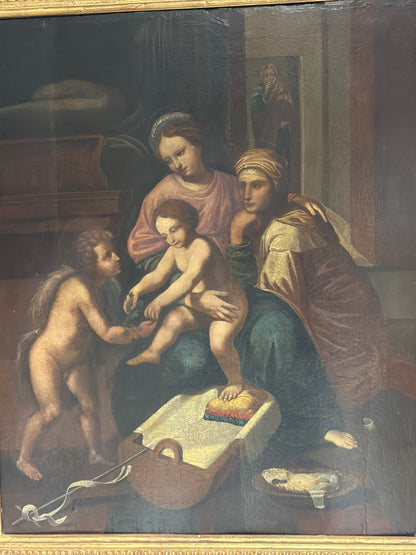 Olio su tavola. Sacra famiglia con Sant’Anna e San Giovannino . XVI secolo.   76 x 63