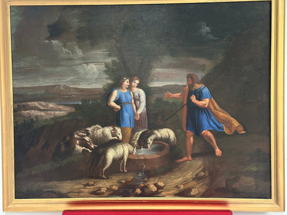 Olio su tela . Mosé con le figlie di Jetro.  XVIII secolo