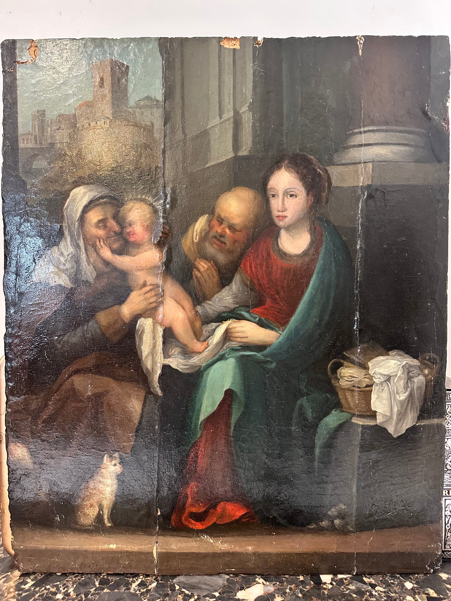 Olio su tavola . Sacra famiglia con sant’Anna e paesaggio urbano   Epoca 500