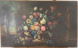 Olio su tela vaso di fiori con architettura XIX secolo