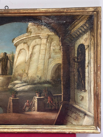 Dipinto olio su tela  italiano del XVIII secolo, Capriccio architettonico con figure