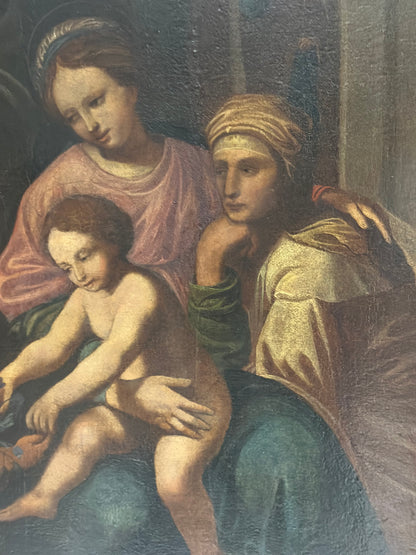Olio su tavola. Sacra famiglia con Sant’Anna e San Giovannino . XVI secolo.   76 x 63