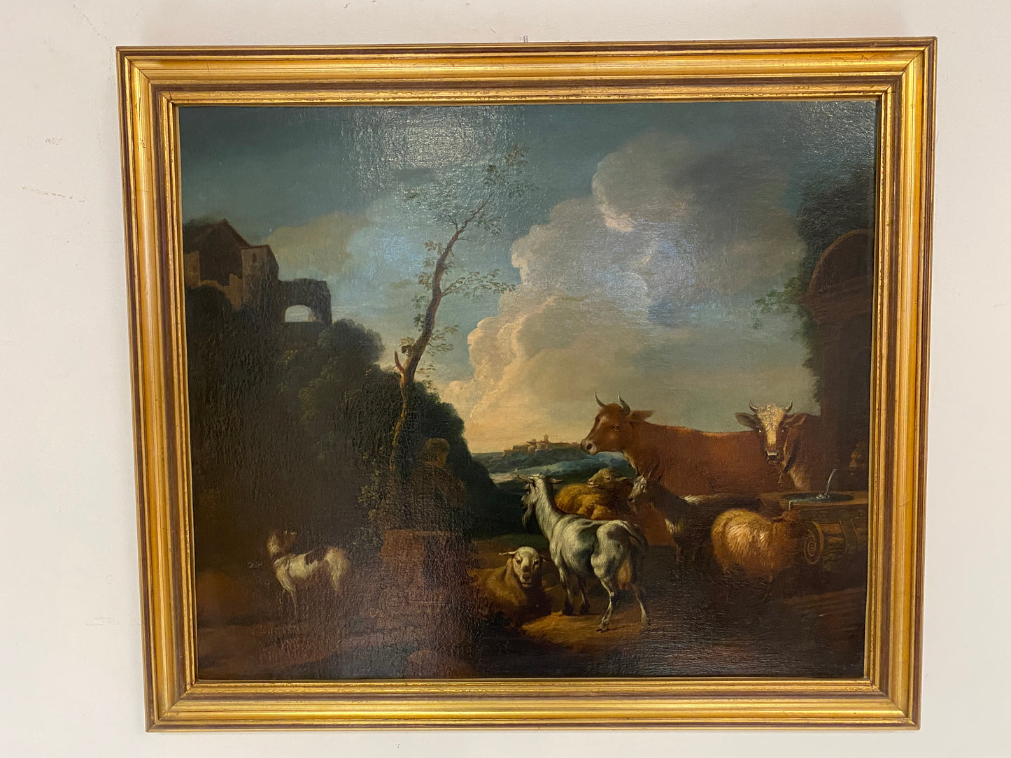 Olio su tela. Paesaggio con armenti fine XVII secolo