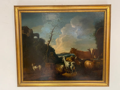 Olio su tela. Paesaggio con armenti fine XVII secolo