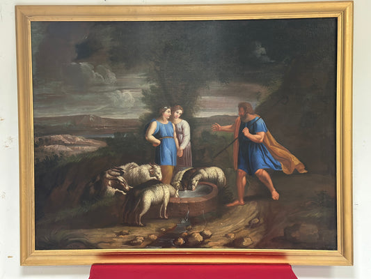 Olio su tela . Mosé con le figlie di Jetro.  XVIII secolo