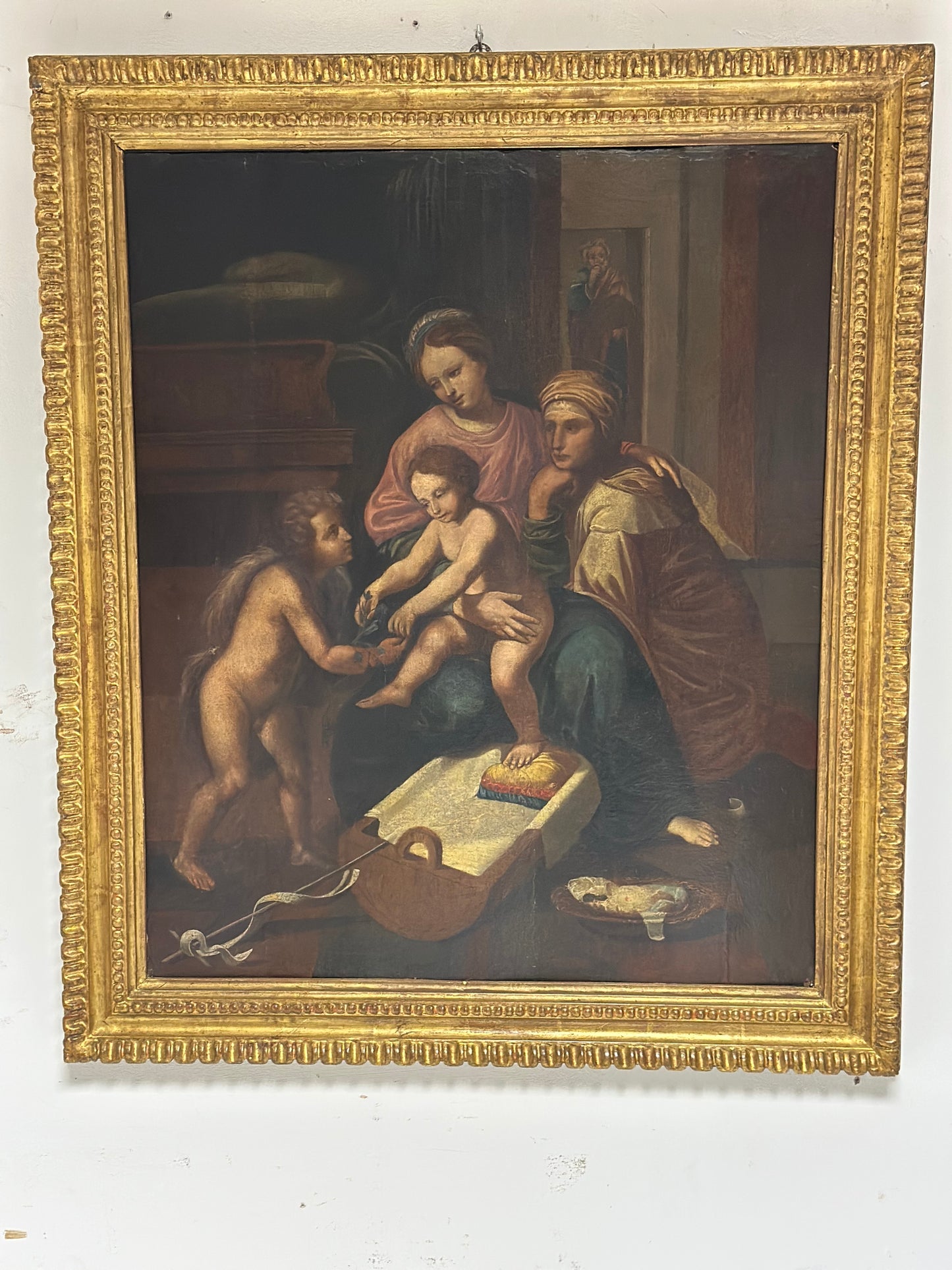 Olio su tavola. Sacra famiglia con Sant’Anna e San Giovannino . XVI secolo.   76 x 63
