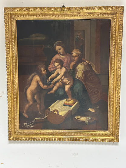 Olio su tavola. Sacra famiglia con Sant’Anna e San Giovannino . XVI secolo.   76 x 63