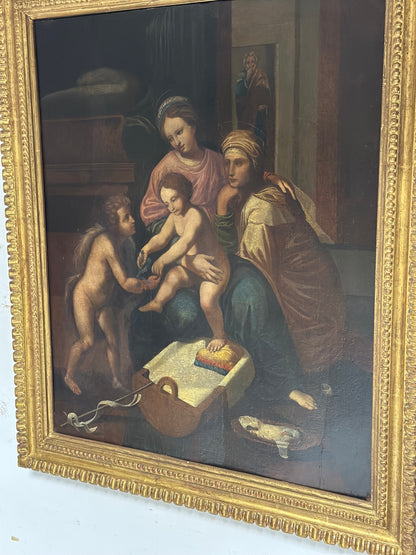 Olio su tavola. Sacra famiglia con Sant’Anna e San Giovannino . XVI secolo.   76 x 63