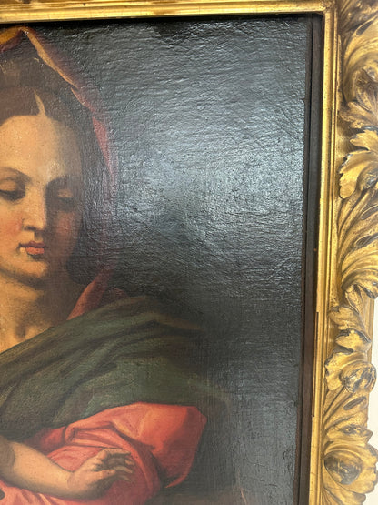 Olio su tela Madonna con il bimbo e San Giovannino . Andrea del Sarto copia da .  XVI secolo