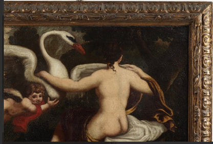 Olio su tela . Leda e il cigno pittore lombardo del XVII secolo epoca 600
