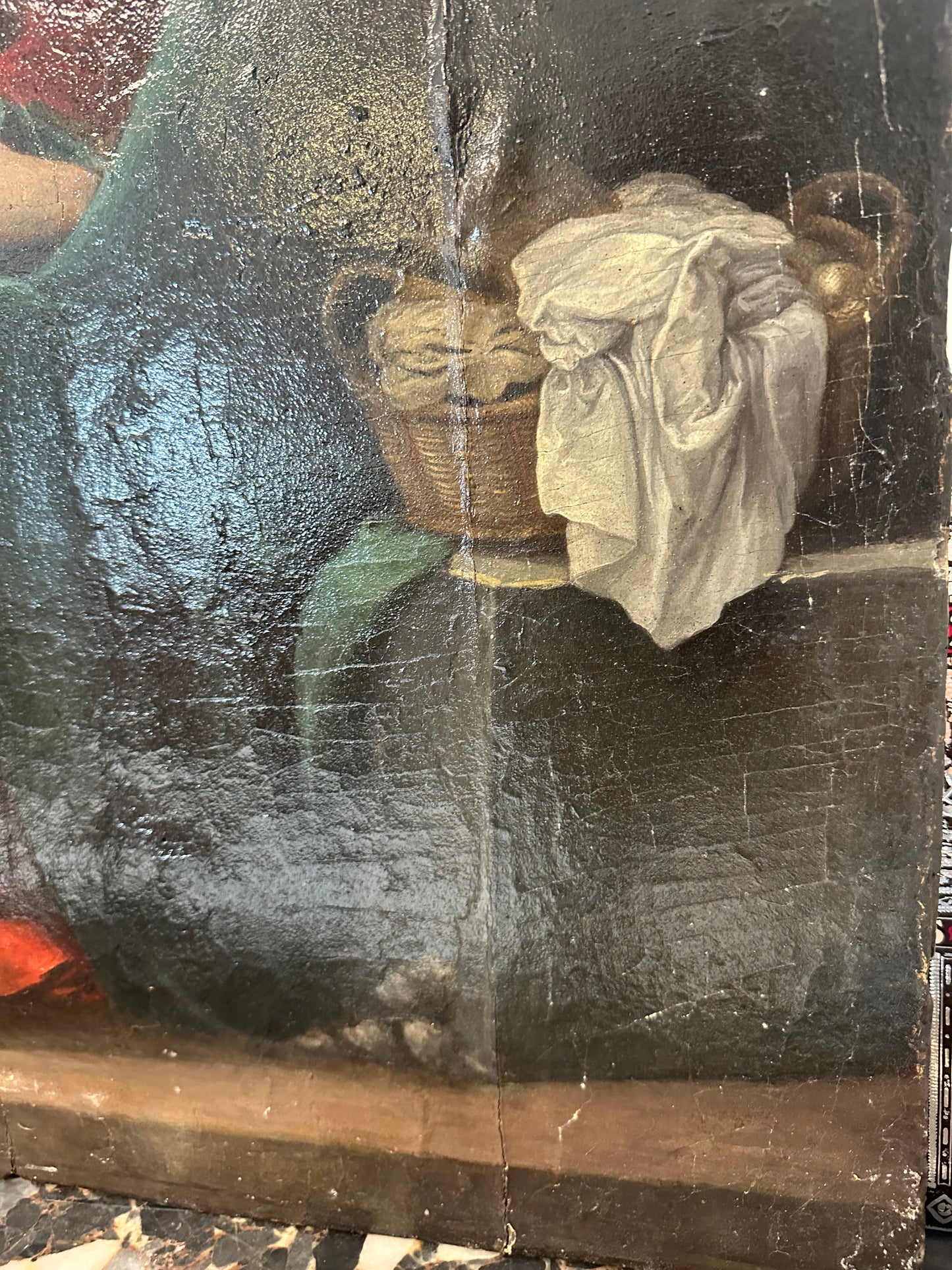 Olio su tavola . Sacra famiglia con sant’Anna e paesaggio urbano   Epoca 500