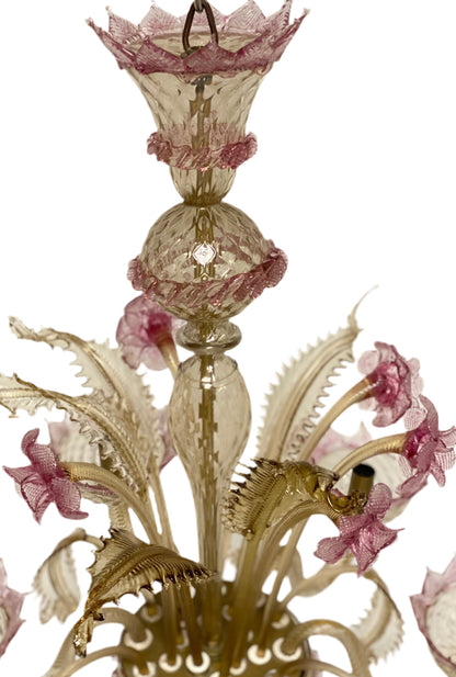Lampadario in vetro di Murano sei luci cristallo e oro