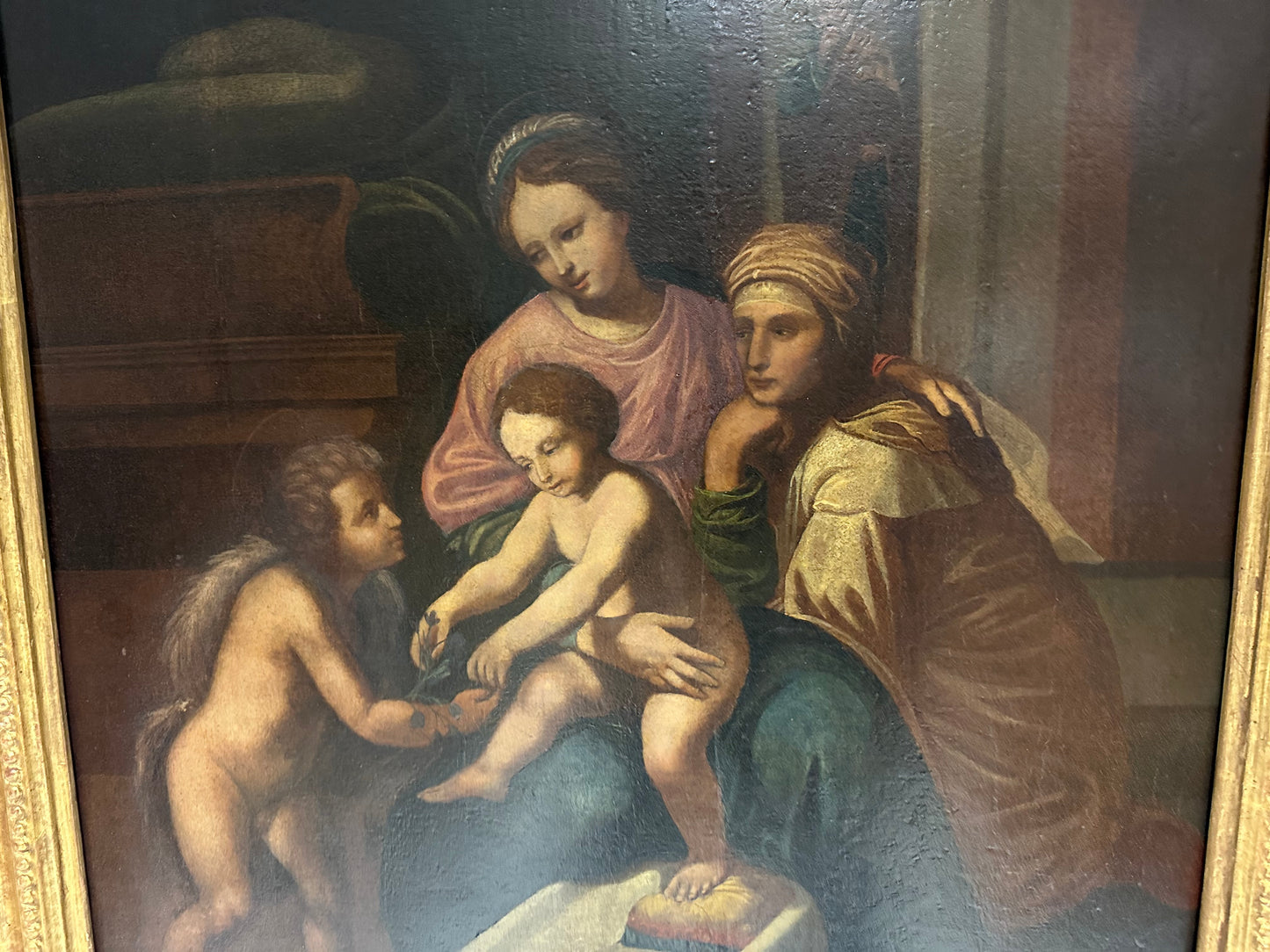 Olio su tavola. Sacra famiglia con Sant’Anna e San Giovannino . XVI secolo.   76 x 63
