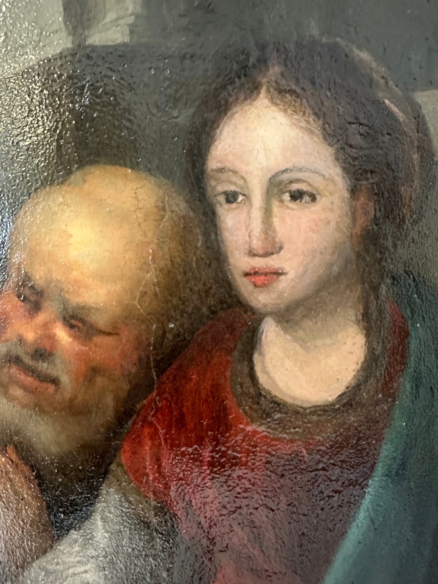 Olio su tavola . Sacra famiglia con sant’Anna e paesaggio urbano   Epoca 500