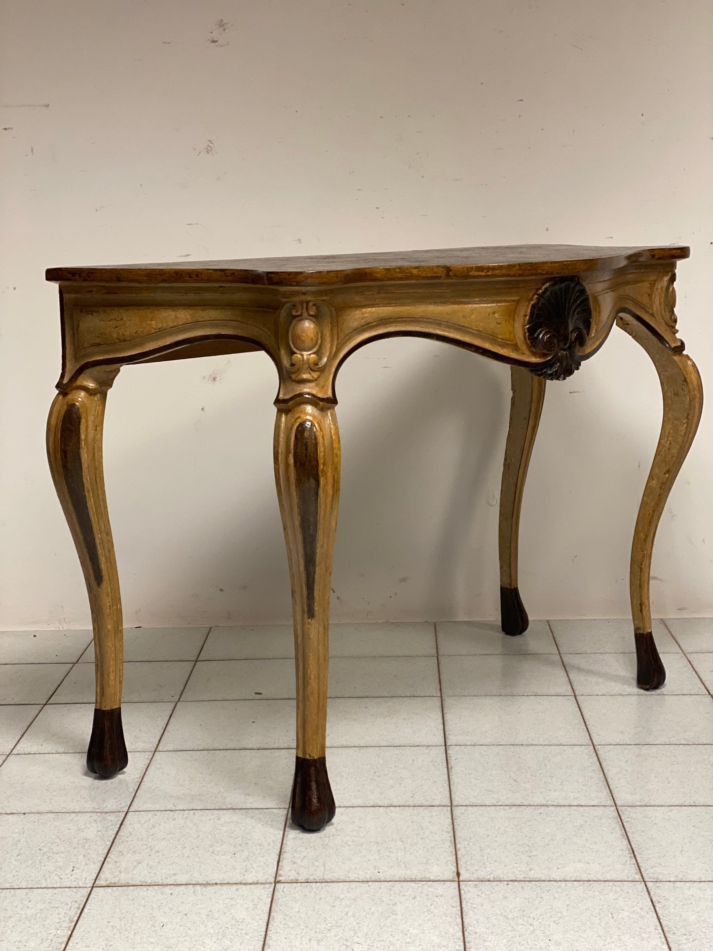 lacquered console painted fake marble top. Lombardy Piedmont mid 19th century