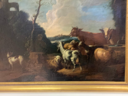 Olio su tela. Paesaggio con armenti fine XVII secolo
