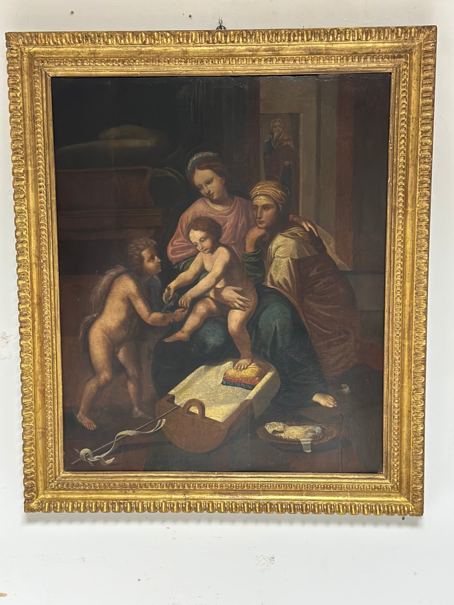 Olio su tavola. Sacra famiglia con Sant’Anna e San Giovannino . XVI secolo.   76 x 63