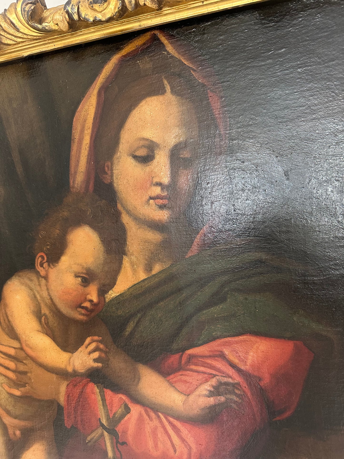 Olio su tela Madonna con il bimbo e San Giovannino . Andrea del Sarto copia da .  XVI secolo