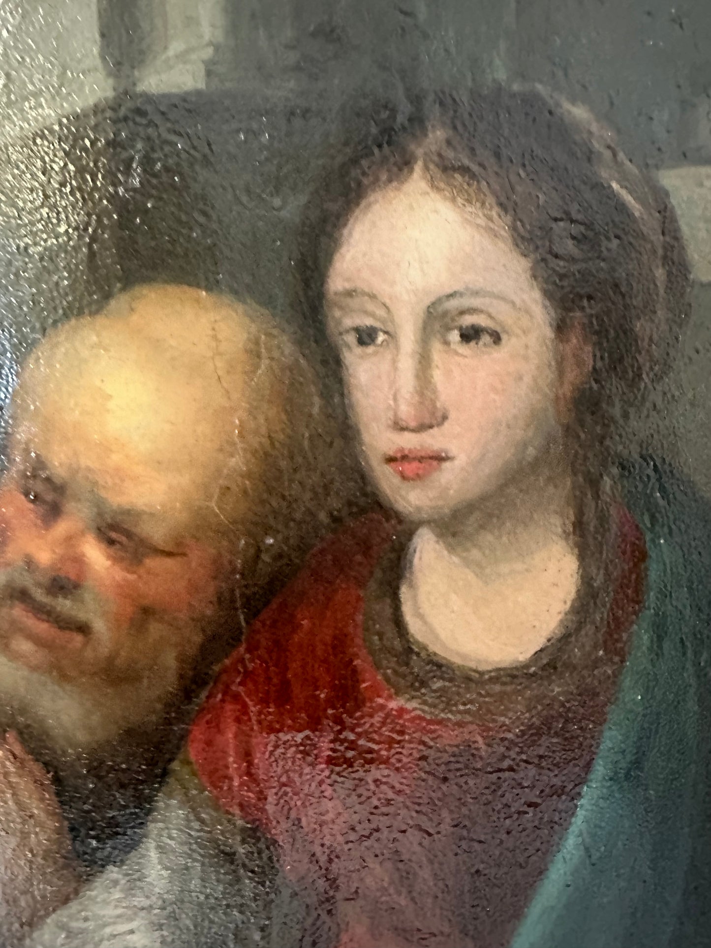 Olio su tavola . Sacra famiglia con sant’Anna e paesaggio urbano   Epoca 500