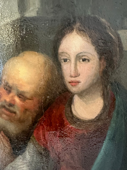 Olio su tavola . Sacra famiglia con sant’Anna e paesaggio urbano   Epoca 500