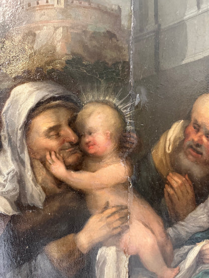 Olio su tavola . Sacra famiglia con sant’Anna e paesaggio urbano   Epoca 500