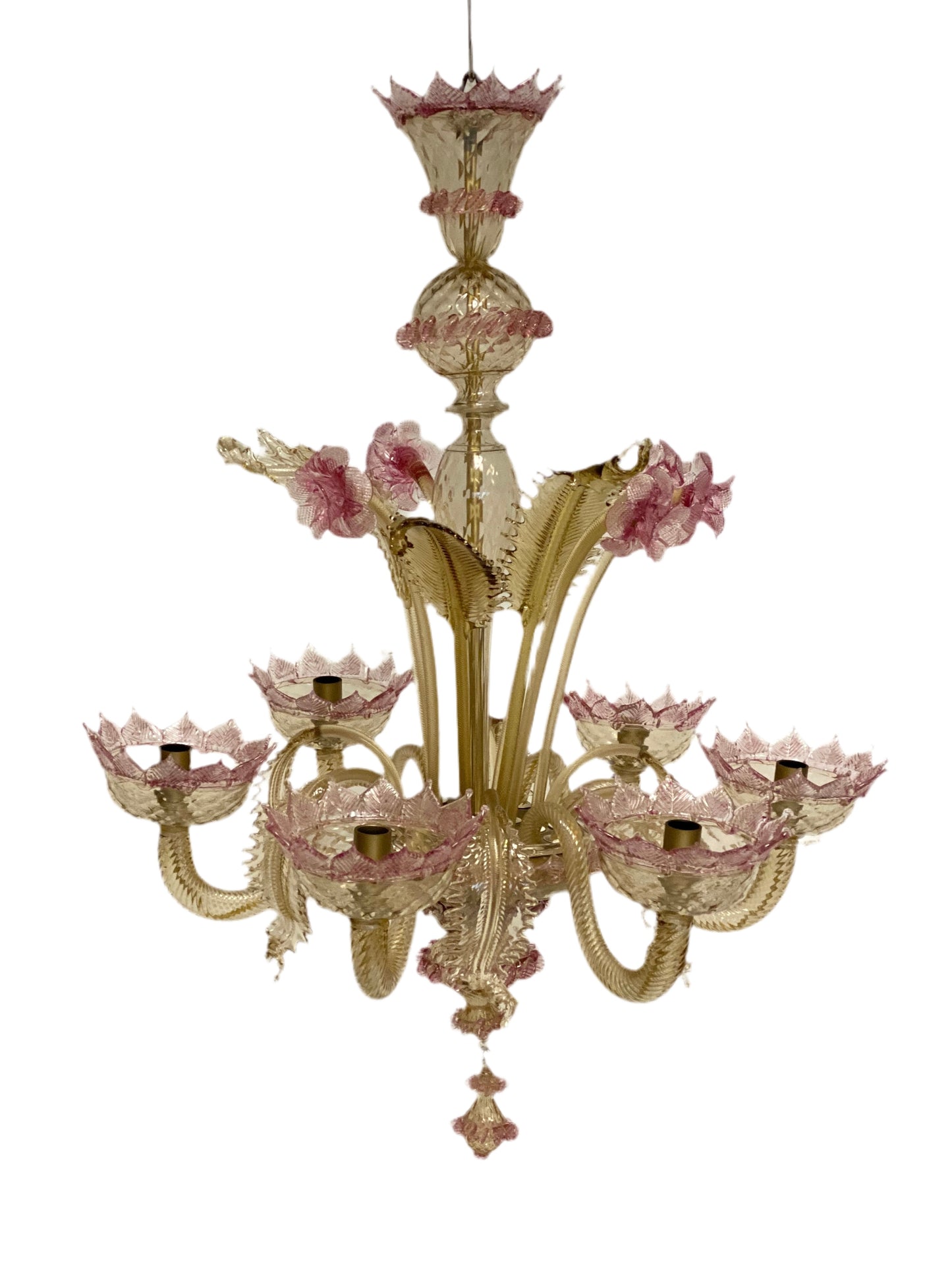 Lampadario in vetro di Murano sei luci cristallo e oro