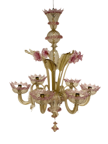 Lampadario in vetro di Murano sei luci cristallo e oro