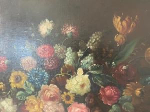 Olio su tela vaso di fiori con architettura XIX secolo