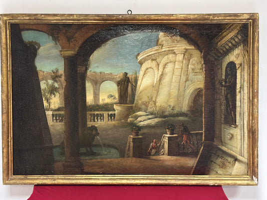 Dipinto olio su tela  italiano del XVIII secolo, Capriccio architettonico con figure