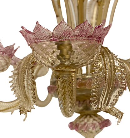 Lampadario in vetro di Murano sei luci cristallo e oro