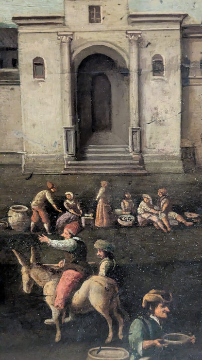 Olio su tavola . Paesaggio urbano XVII secolo