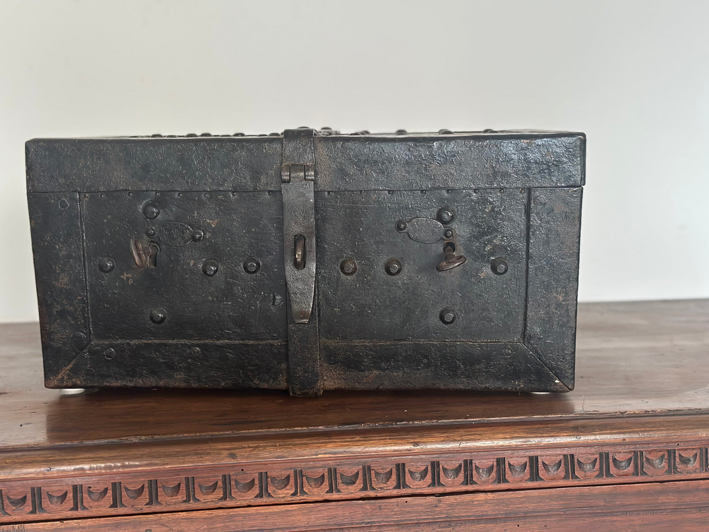 Small studded iron travel chest. Early 19th century
