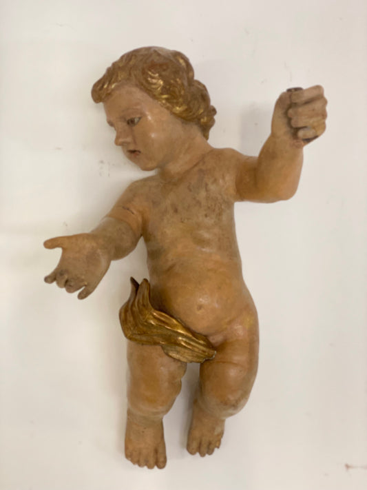 Wooden cherub putto carved, lacquered and gilded. 17th century Lombardy