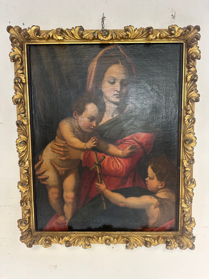 Olio su tela Madonna con il bimbo e San Giovannino . Andrea del Sarto copia da .  XVI secolo