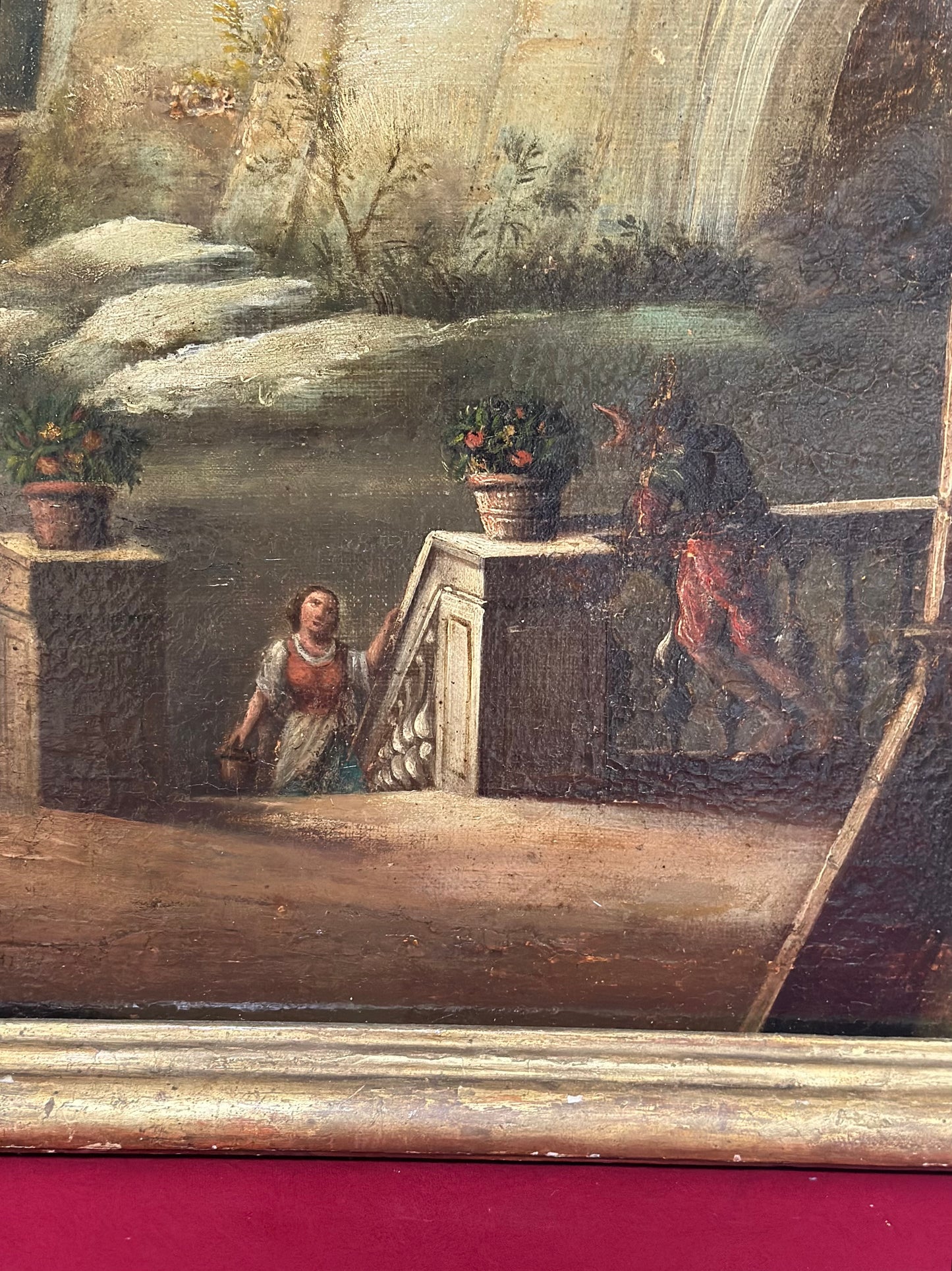Dipinto olio su tela  italiano del XVIII secolo, Capriccio architettonico con figure