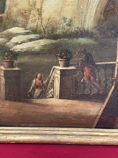 Dipinto olio su tela  italiano del XVIII secolo, Capriccio architettonico con figure