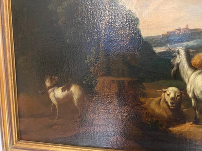 Olio su tela. Paesaggio con armenti fine XVII secolo