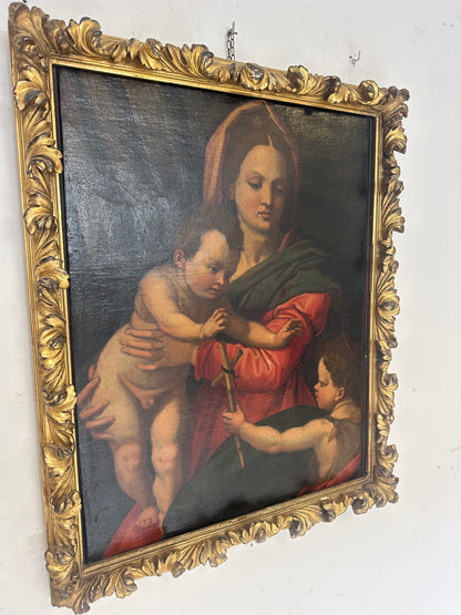 Olio su tela Madonna con il bimbo e San Giovannino . Andrea del Sarto copia da .  XVI secolo