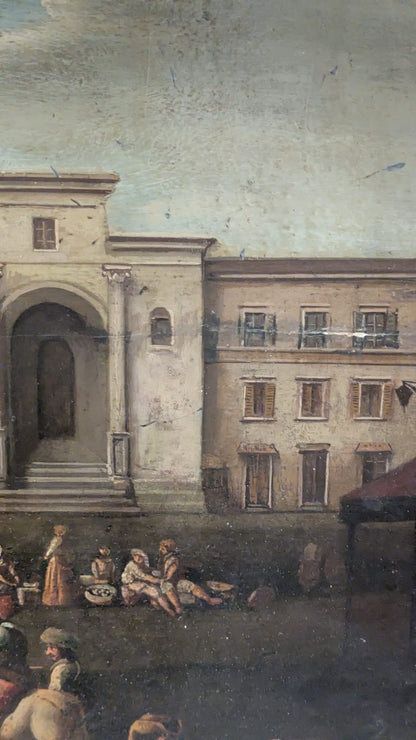 Olio su tavola . Paesaggio urbano XVII secolo