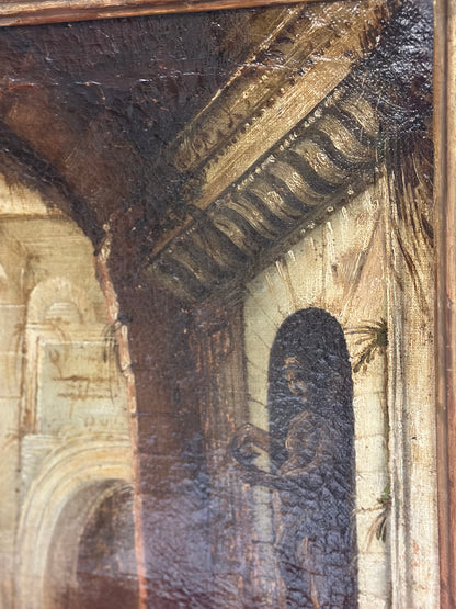 Dipinto olio su tela  italiano del XVIII secolo, Capriccio architettonico con figure