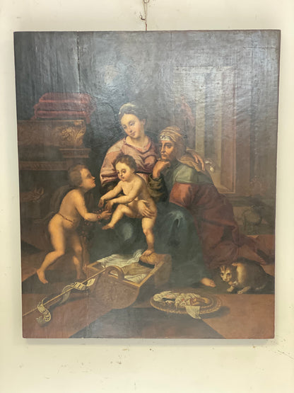 Olio su tavola. Sacra famiglia con Sant’Anna e San Giovannino . XVI secolo