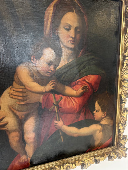 Olio su tela Madonna con il bimbo e San Giovannino . Andrea del Sarto copia da .  XVI secolo