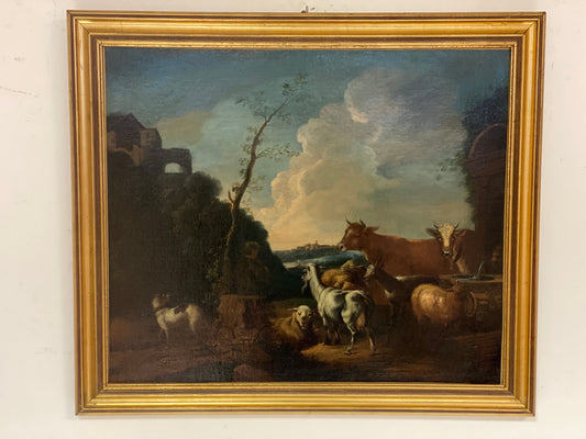 Oil on canvas. Landscape with herds, late 17th century
